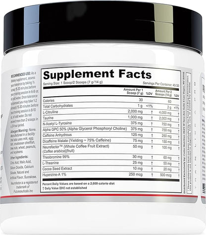 Prevail Pre Workout Powder with Nootropics: Pre-Workout Drink for Men and Women, Cutting Edge Energy and Focus Supplement with L Citrulline, Alpha GPC, L Tyrosine | Sour Rainbow Candy, 40 Scoops