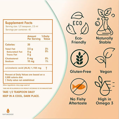 Pure Vegan Liquid Omega 3 Oil, Plant-Based Alternative to Omega 3 Fish Oil, 3.4 fl. oz. – Cold Pressed from Clary Sage Seed – Kosher - Omega 3 Fatty Acid Supplement with Antioxidants