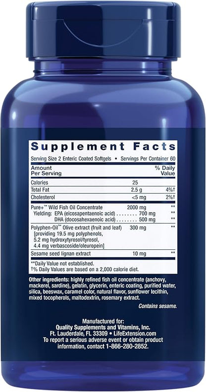 Life Extension Super Omega-3 EPA/DHA Fish Oil, Sesame Lignans & Olive Extract – Heart Health, Brain Health, Inflammation Health Support, Gluten-Free, Enteric-Coated, Non-GMO, 120 Softgels