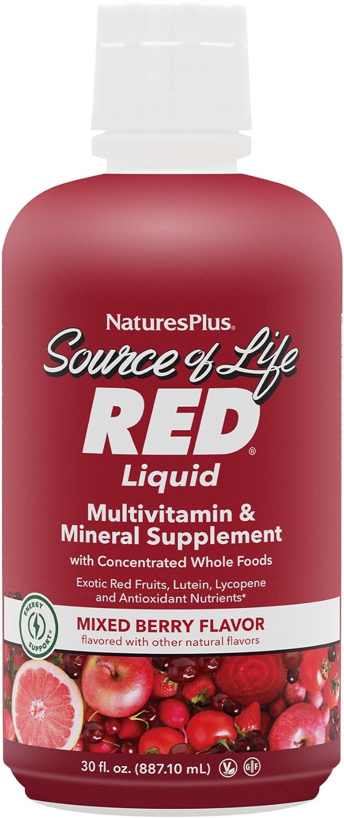 Natures Plus Source of Life RED Multivitamin Liquid - 30 oz - Energy & Immune Support - with Exotic Red Fruits, Lycopene & Lutein - Vegetarian & Gluten Free - 30 Servings
