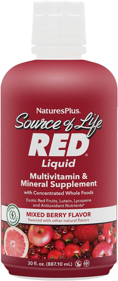Natures Plus Source of Life RED Multivitamin Liquid - 30 oz - Energy & Immune Support - with Exotic Red Fruits, Lycopene & Lutein - Vegetarian & Gluten Free - 30 Servings