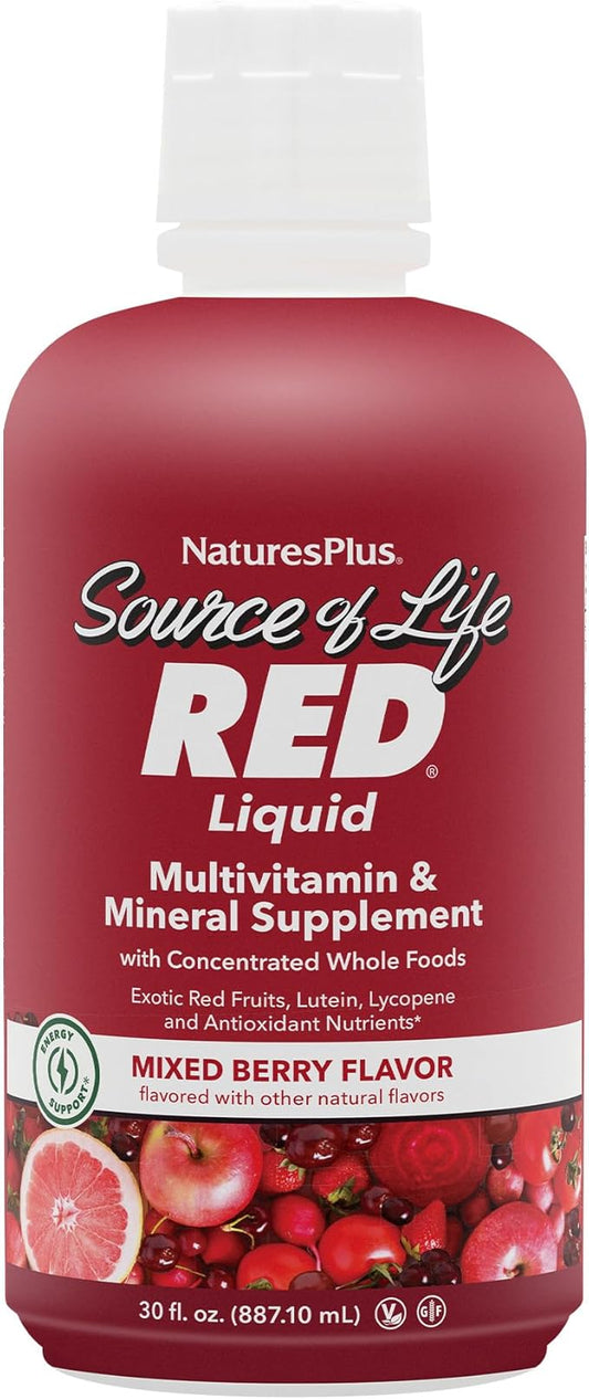 Natures Plus Source of Life RED Multivitamin Liquid - 30 oz - Energy & Immune Support - with Exotic Red Fruits, Lycopene & Lutein - Vegetarian & Gluten Free - 30 Servings