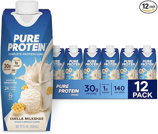 Pure Protein Vanilla Protein Shake, 30g Complete Protein, Vitamins A, C, D, and E plus Zinc to Support Immune Health, Ready to Drink and Keto-Friendly, 11oz Bottles, 12 Pack