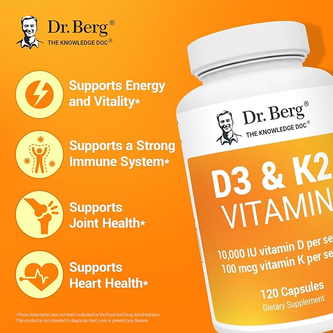 Dr. Berg Vitamin D3 K2 w/MCT Powder - Includes 10,000 IU of Vitamin D3, 100 mcg MK7 Vitamin K2, Purified Bile Salts, Zinc & Magnesium for Ultimate Absorption - K2 D3 Vitamin Supplement - 120 Capsule