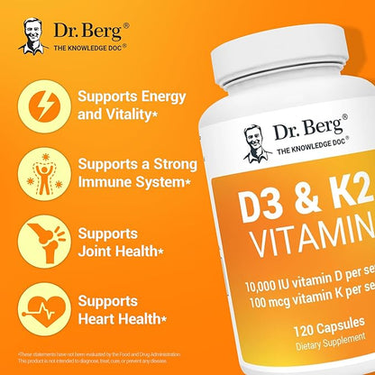 Dr. Berg Vitamin D3 K2 w/MCT Powder - Includes 10,000 IU of Vitamin D3, 100 mcg MK7 Vitamin K2, Purified Bile Salts, Zinc & Magnesium for Ultimate Absorption - K2 D3 Vitamin Supplement - 120 Capsule