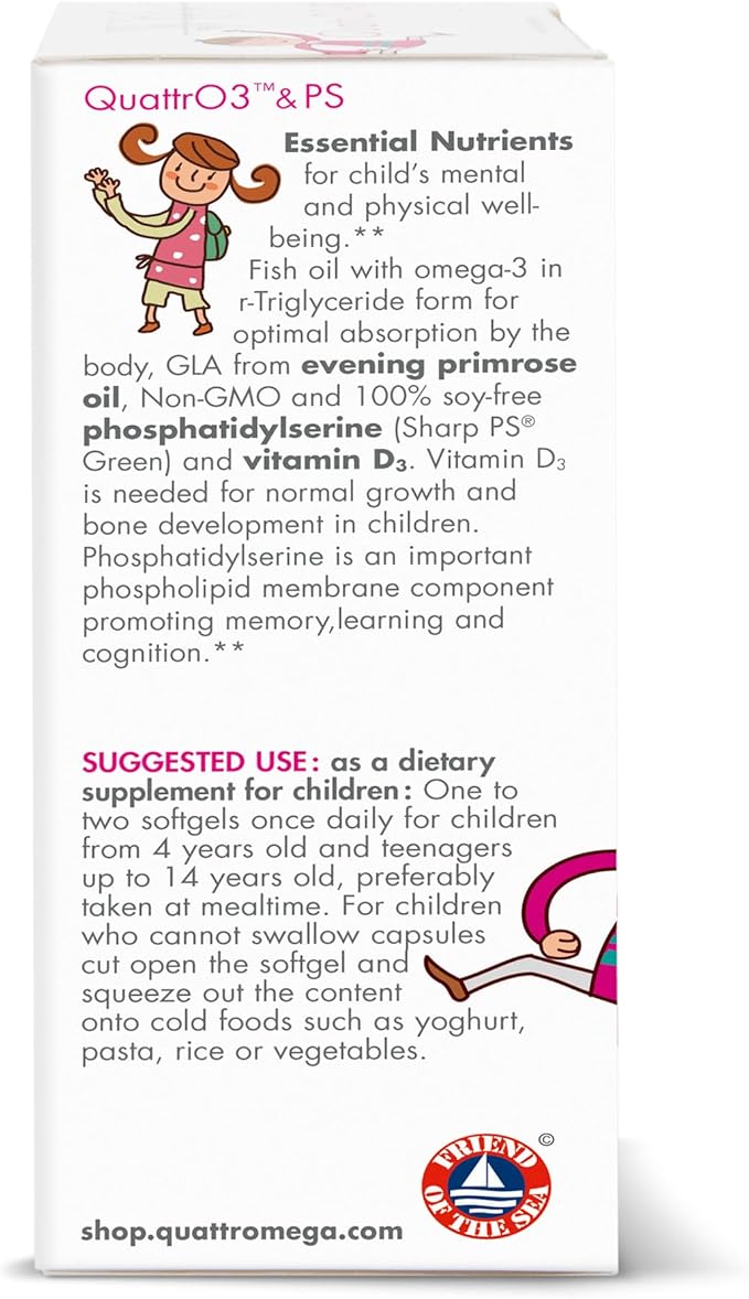 WHC, QuattrO3 & PS, Fish Oil Complex for Children (60 Softgels) - Omega-3 Triglycerides, Vitamin D3, GLA, Phosphatidylserine, Tutti-Frutti Strawberry