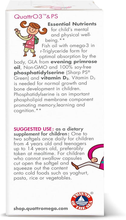 WHC, QuattrO3 & PS, Fish Oil Complex for Children (60 Softgels) - Omega-3 Triglycerides, Vitamin D3, GLA, Phosphatidylserine, Tutti-Frutti Strawberry