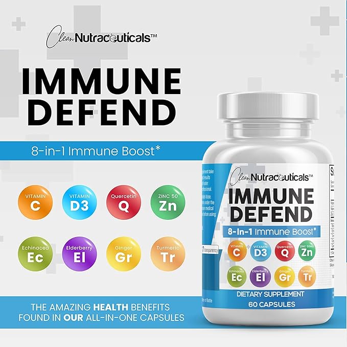 Immune Defense Support Supplement 8 in 1 w/ Zinc 50mg Quercetin, Vit C 1000mg, Vitamin D3 5000 IU, Elderberry, Turmeric Curcumin, Ginger, Echinacea - Immunity System Booster Adults Vegan - 60Ct