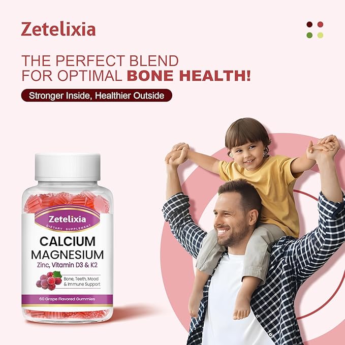 Calcium Gummies for Women Men, Calcium Magnesium Zinc with Vitamin D3 & K2, Calcium Magnesium Supplement for Bones Muscles and Joints, Grape Flavor - 60 Count