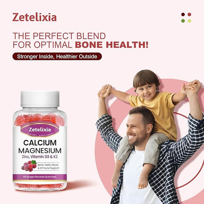 Calcium Gummies for Women Men, Calcium Magnesium Zinc with Vitamin D3 & K2, Calcium Magnesium Supplement for Bones Muscles and Joints, Grape Flavor - 60 Count