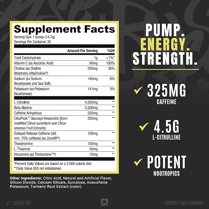 RYSE Loaded Pre Workout Powder Supplement for Men & Women | Pumps, Energy, Focus | Beta Alanine + Citrulline | 325mg Caffeine | 30 Servings (Country Time Lemonade)