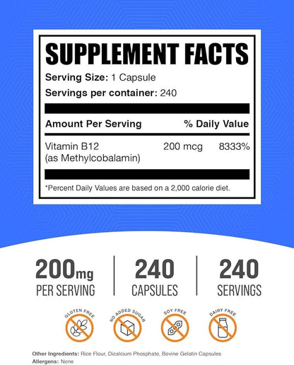 BulkSupplements.com Vitamin B12 Methylcobalamin Capsules - B12 Vitamin Supplement, B12 200mcg, for Energy Support - Gluten Free, 1 Capsule per Serving, 240 Capsules (Pack of 1)