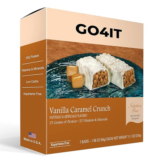 GO4IT Health Meal Replacement Bar, HIGH Protein Nutrition Bar, HIGH Fiber, LOW Calories, KETO friendly, On-the-go, Weight Loss Food Bar, 7/Box - (Vanilla Caramel Crunch)