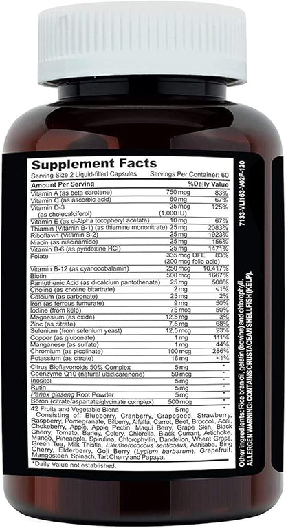 Clinical Daily Complete Whole Food Multivitamin Supplement for Women & Men - Complete Liquid Vitamin Absorption! 42 Superfood Fruits Vegetables - Young Adult to Senior - 120 Liquid Capsules