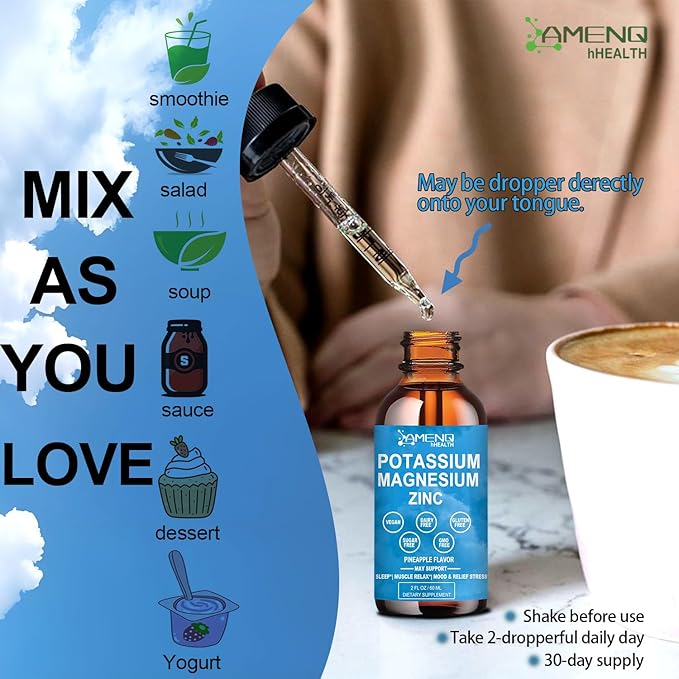 2 Packs Potassium Magnesium Supplement Liquid w/ 500mg Triple Complex Magnesium & Potassium 99mg Plus Bromelain, Ashwagandha,D3 B6 & Zinc for Leg Cramps& Muscle Health, Cortisol Balanced & Zzz