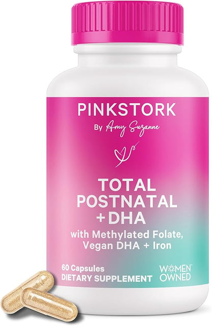 Pink Stork Total Postnatal Vitamins for Women with Vegan DHA, Iron, Folate, and Vitamin B12, Postpartum Recovery Essentials, Daily Supplement for Breastfeeding Moms - 1 Month Supply
