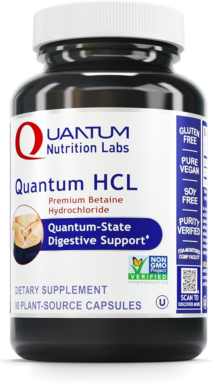 Quantum Nutrition Labs Quantum Betaine HCL - Betaine Hydrochloride, Betaine Hydrochloric Acid Supplement for Optimal Digestive Function and Low Stomach Acid, Betaine-HCL - 90 Plant-Based Capsules