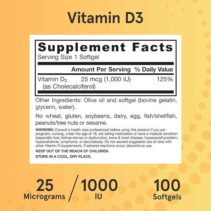 Jarrow Formulas Vitamin D3 25 mcg, Dietary Supplement, Bone and Joint, Support for Immune Health and Calcium Metabolism, 100 Softgels, 100 Day Supply