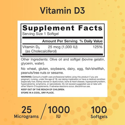 Jarrow Formulas Vitamin D3 25 mcg, Dietary Supplement, Bone and Joint, Support for Immune Health and Calcium Metabolism, 100 Softgels, 100 Day Supply