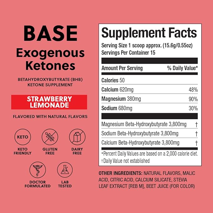 Perfect Keto Exogenous Ketones Powder, BHB Salts Supplement for Ketosis & Fasting, Electrolytes for Hydration, Caffeine Free Energy, Keto Diet, Focus & Workout Support, Strawberry Lemonade, 8.57 oz