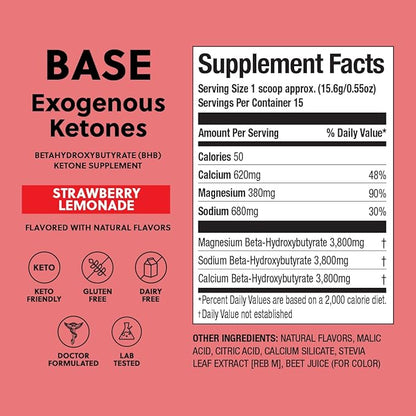 Perfect Keto Exogenous Ketones Powder, BHB Salts Supplement for Ketosis & Fasting, Electrolytes for Hydration, Caffeine Free Energy, Keto Diet, Focus & Workout Support, Strawberry Lemonade, 8.57 oz