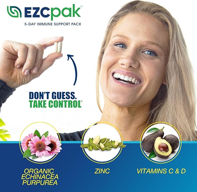 EZC Pak 5-Day Immune System Booster with Echinacea, Vitamin C, Zinc & Vitamin D - Tapered Immune Support Supplement for Adults - Supports Immunity, Easy Travel-Size Supplement Pack - (Pack of 6)