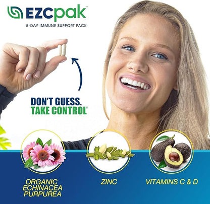 EZC Pak 5-Day Immune System Booster with Echinacea, Vitamin C, Zinc & Vitamin D - Tapered Immune Support Supplement for Adults - Supports Immunity, Easy Travel-Size Supplement Pack - (Pack of 6)