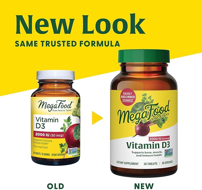 MegaFood Vitamin D3 2000 IU (50 mcg) - Vitamin D Supplements With Real Food, Immune Support, Supports Bones, Teeth & Muscles, Vegetarian, Certified Non-GMO, Kosher – 90 Tablets, 90 Servings