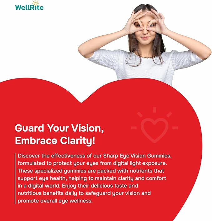 Sharp Eye Vision Gummy Vitamins, 60 Count, Strawberry Mix Flavored, Vegan, Gelatin Free, Gluten Free, Nut Free, Promotes Sharp Vision, Defense from Blue/Digital Light, Combats Eye Strain