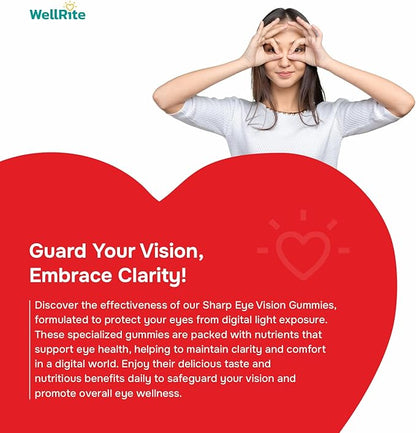 Sharp Eye Vision Gummy Vitamins, 60 Count, Strawberry Mix Flavored, Vegan, Gelatin Free, Gluten Free, Nut Free, Promotes Sharp Vision, Defense from Blue/Digital Light, Combats Eye Strain