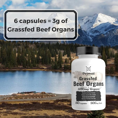 Primal Being Grassfed Beef Organ Complex - Liver, Heart, Pancreas, Spleen, & Kidney- Supports Overall Health & Performance - 180 Capsules, 3000mg per Serving