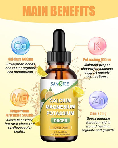 Calcium Magnesium Potassium Supplement Liquid,400mg Magnesium Glycinate,600mg Calcium Magnesium Drop Supplement with Vitamin D and Zinc (60ml/Lemon Flavor)