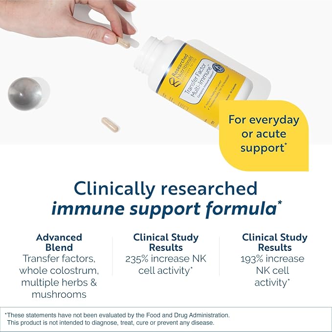 Researched Nutritionals Transfer Factor Multi-Immune - Complete Immune Support with Zinc, Beta Glucan, Mushrooms Supplement & Colostrum Capsules - Backed by Peer Reviewed Clinical Research (90 Count)