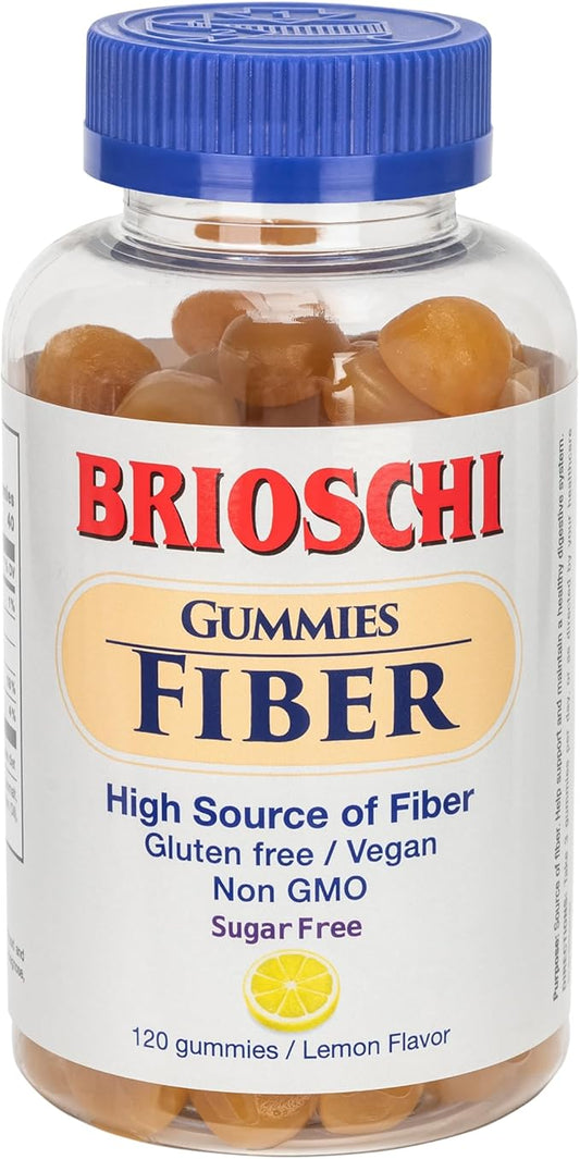 Brioschi Fiber Gummies Lemon Flavored, Gluten-Free Vegan Non-GMO Gelatin-Free, High Source of Fiber, Sugar-Free, 120 Count