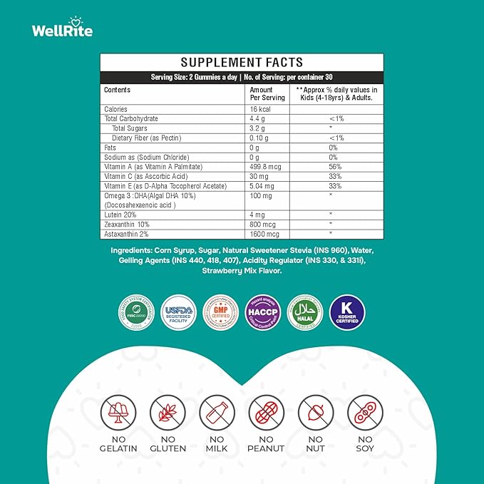Sharp Eye Vision Gummy Vitamins, 60 Count, Strawberry Mix Flavored, Vegan, Gelatin Free, Gluten Free, Nut Free, Promotes Sharp Vision, Defense from Blue/Digital Light, Combats Eye Strain