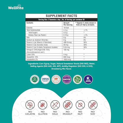 Sharp Eye Vision Gummy Vitamins, 60 Count, Strawberry Mix Flavored, Vegan, Gelatin Free, Gluten Free, Nut Free, Promotes Sharp Vision, Defense from Blue/Digital Light, Combats Eye Strain