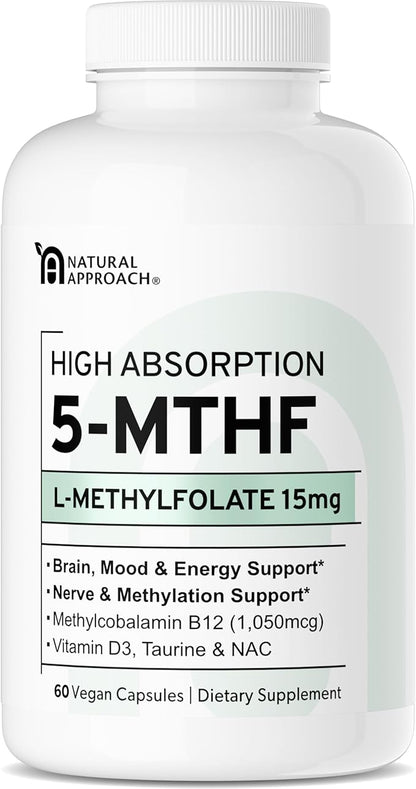 L-Methylfolate 15mg plus Methyl B12, D3, Taurine & NAC | 5-MTHF (Bioactive B9) Professional Strength | Methylated Vitamins to Support Mood, Nerve Health & Methylation* | MTHFR Supplement | 60 Capsules