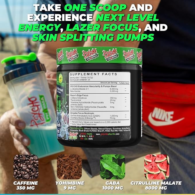 Psycho Pharma Strongest High Stim Preworkout Powder - Edge of Insanity - Most Intense Pre Workout Supplement for Pumps, Strength, Energy and Feel Good Focus. Rivals Famous PWOs of The Past