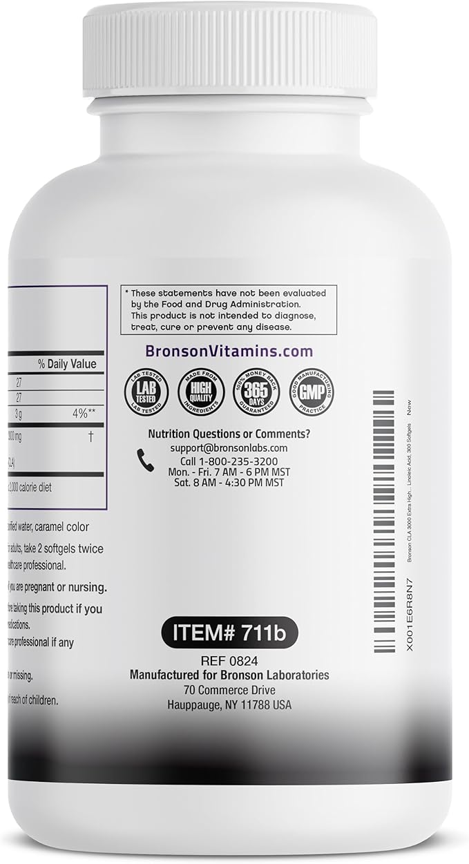 Bronson CLA 3000 Extra High Potency Supports Healthy Weight Management Lean Muscle Mass Non-Stimulating Conjugated Linoleic Acid 300 Softgels