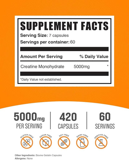 BulkSupplements.com Creatine Monohydrate Capsules - Micronized Creatine Monohydrate, Creatine Pills - 7 Creatine Capsules per Serving, 5000mg, Gluten Free, 420 Capsules (Pack of 1)