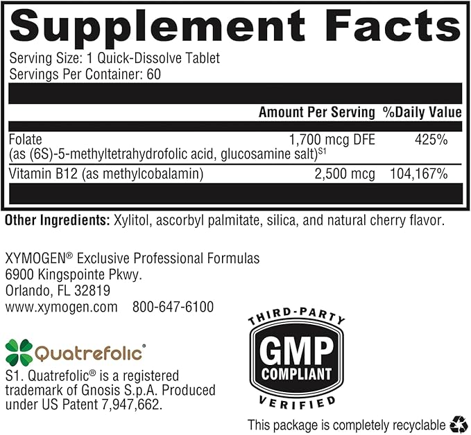 XYMOGEN 5-MTHF Plus B12 - Biologically Active Folate + Methyl B12 (Methylcobalamin) to Support Methylation and Nervous System Health - Great-Tasting Cherry Flavor (60 Quick-Dissolve Tablets)