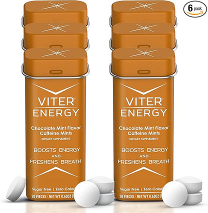 Viter Energy Caffeinated Mints 40mg Caffeine, B Vitamins, Sugar Free. (Chocolate Mint, 20pcs, 6 Pack)