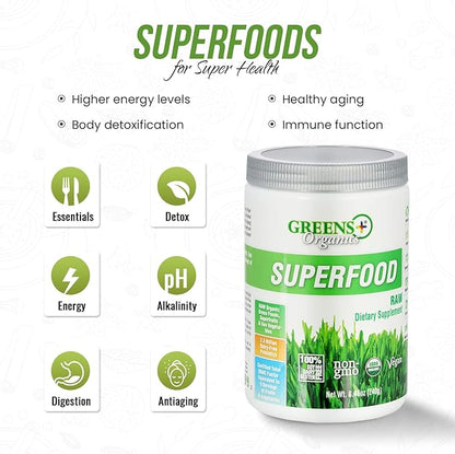 Greens+ Organic RAW Superfood Powder, Super Blend Immune Support, Morning Kick, Energy Boost, Nutrition Vibrant Health, Dietary Supplement, Vegan Soy/Dairy/Gluten Free(8.46oz)