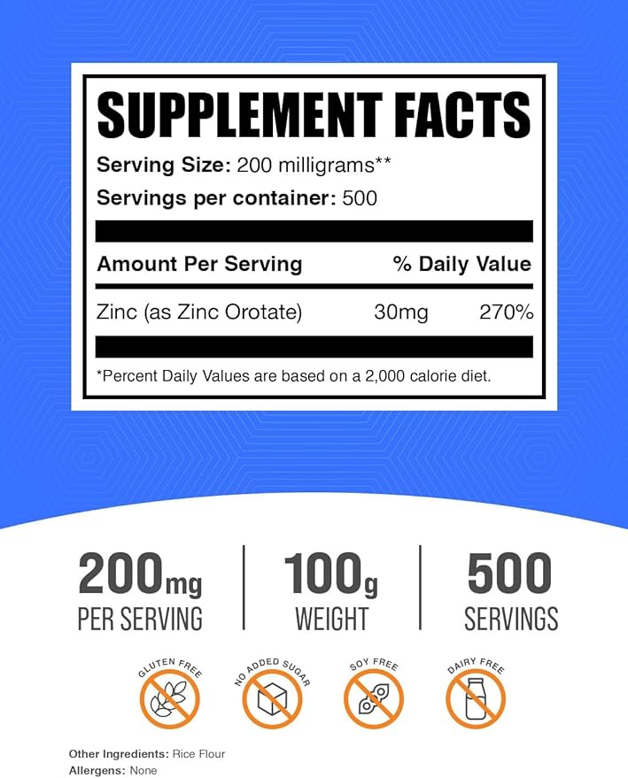 BulkSupplements.com Zinc Orotate Powder - Zinc Supplements, Zinc 30mg - Zinc Minerals Supplement, for Immune Support - Gluten Free, 200mg per Serving, 100g (3.5 oz) (Pack of 1)