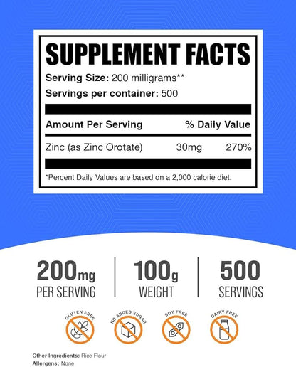 BulkSupplements.com Zinc Orotate Powder - Zinc Supplements, Zinc 30mg - Zinc Minerals Supplement, for Immune Support - Gluten Free, 200mg per Serving, 100g (3.5 oz) (Pack of 1)