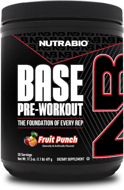 NutraBio Base Pre-Workout Sports Nutrition Powder - Sustained Energy, Mental Focus, Endurance, Hydration - Preworkout for Men and Women - Increase Energy- 30 Servings - Fruit Punch