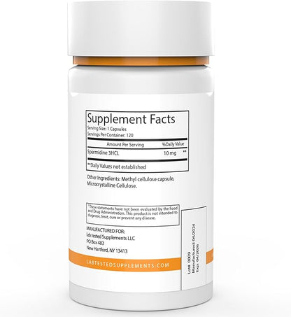 Spermidine 3HCL Supplement - 120 10mg Capsules - 3rd Party COA's provided with Every lot# - Spermidine Trihydrochloride