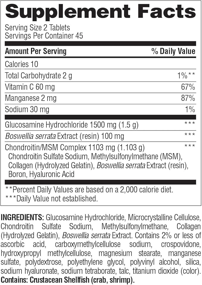 Nature's Wonder Triple Strength Glucosamine & Chondroitin with MSM and Hyaluronic Acid and Boswellia for Joint Health, Supports Joint Flexibility and Mobility, 45 Day Supply, 90 Tablets
