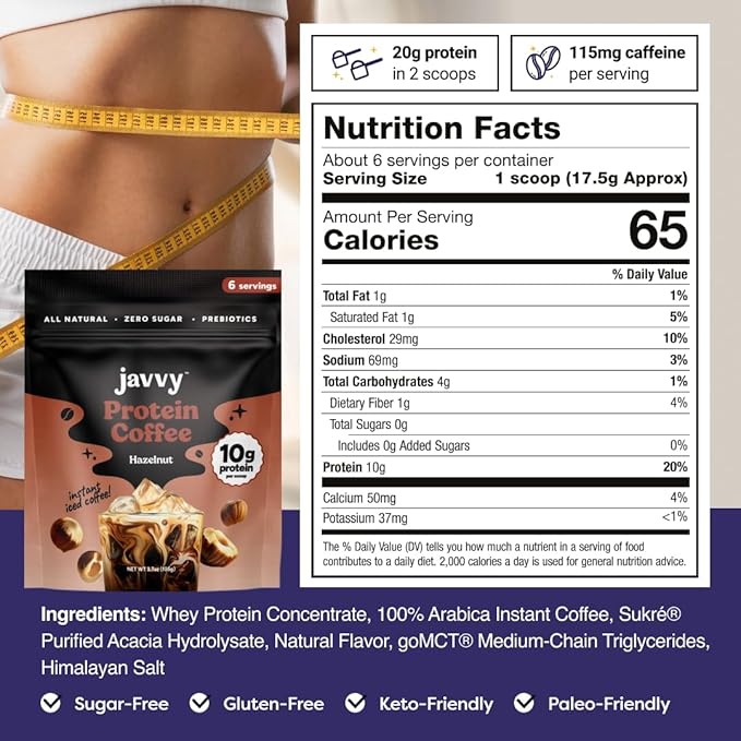 Javy Hazelnut Protein Coffee - Premium Whey Protein & Instant Iced Coffee - 100% Arabica Coffee - Zero Artificial Flavors & Sweeteners, 6 Servings