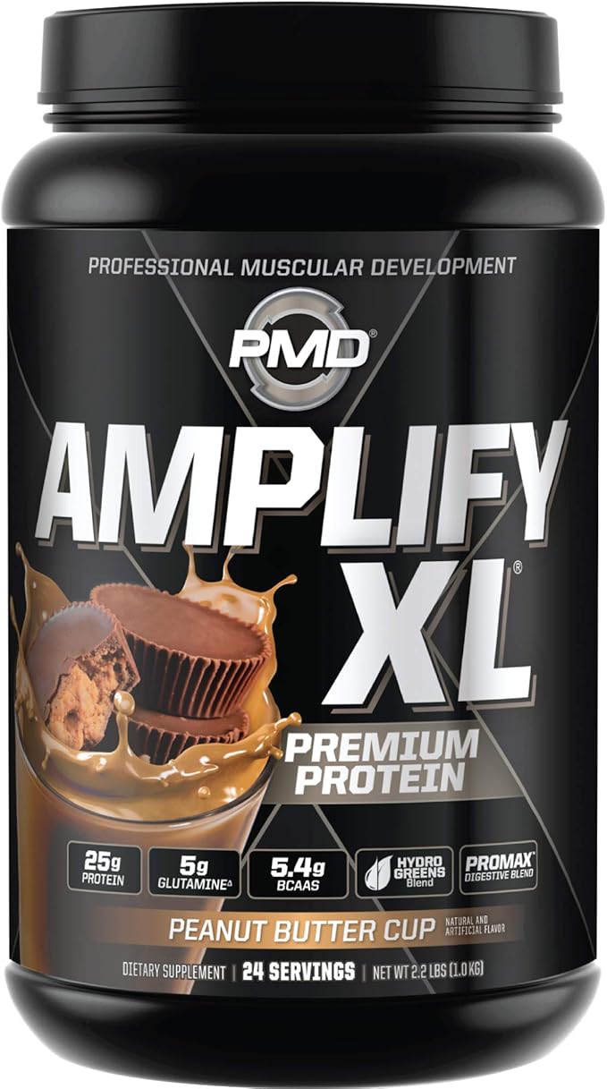PMD Sports Amplify XL Premium Whey Protein Supplement Hydro Greens Blend - Glutamine and Whey Protein Matrix with Superfood for Muscle, Strength and Recovery - Peanut Butter Cup (24 Servings)